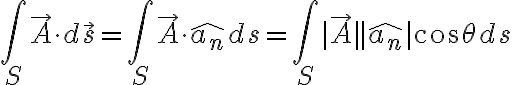 $\int_S\vec{A}\cdot d\vec{s}=\int_S\vec{A}\cdot\hat{a_n}ds=\int_S|\vec{A}| |\hat{a_n}| \cos\theta ds$